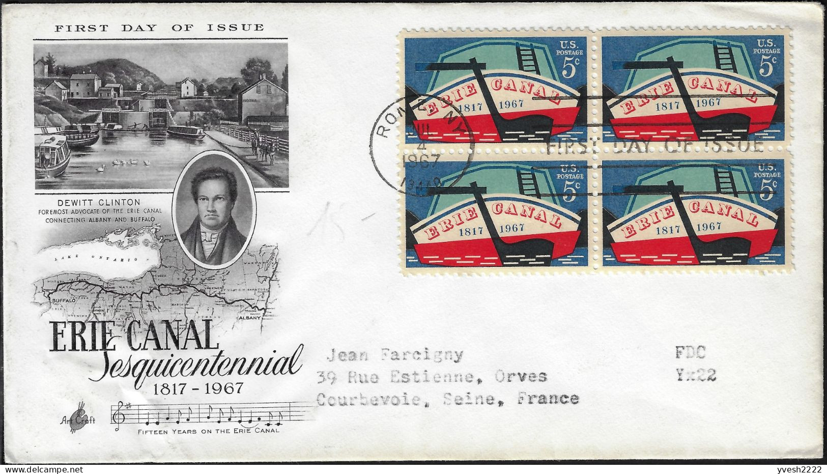 États-Unis 1967 Y&T 828 En Bloc De 4 Sur FDC. 150 Ans Du Canal De L'Erie. Bateau - Boten