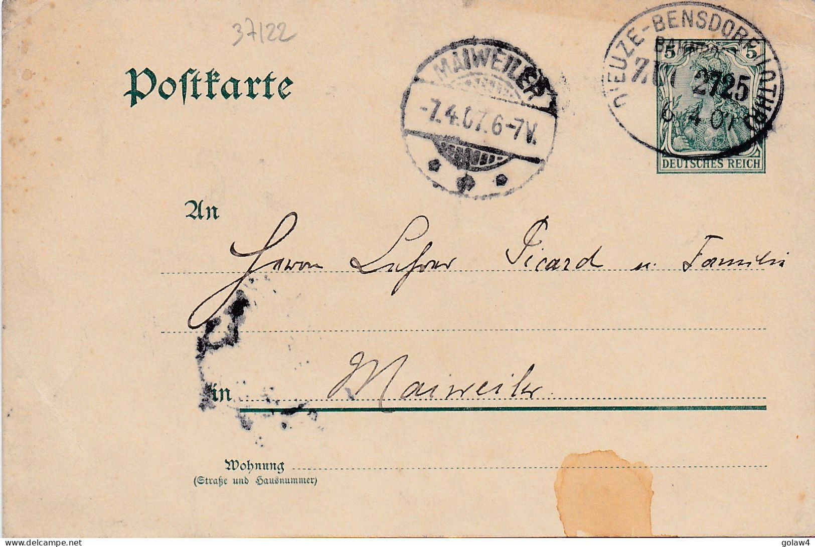 37122# ENTIER POSTAL GERMANIA De FREIBURG Obl DIEUZE BENSDORF LOTHR BAHNPOST ZUG 2725 1907 MOSELLE BENESTROFF MAINVILLER - Briefe U. Dokumente