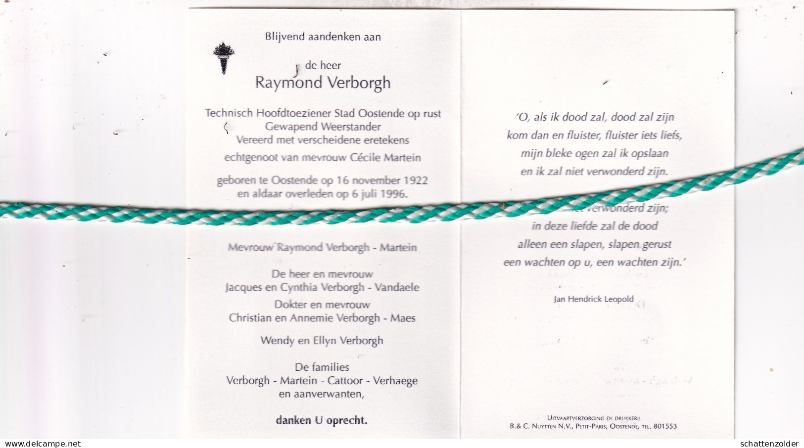 Raymond Verborgh-Martein, Oostende 1922, 1996 - Obituary Notices