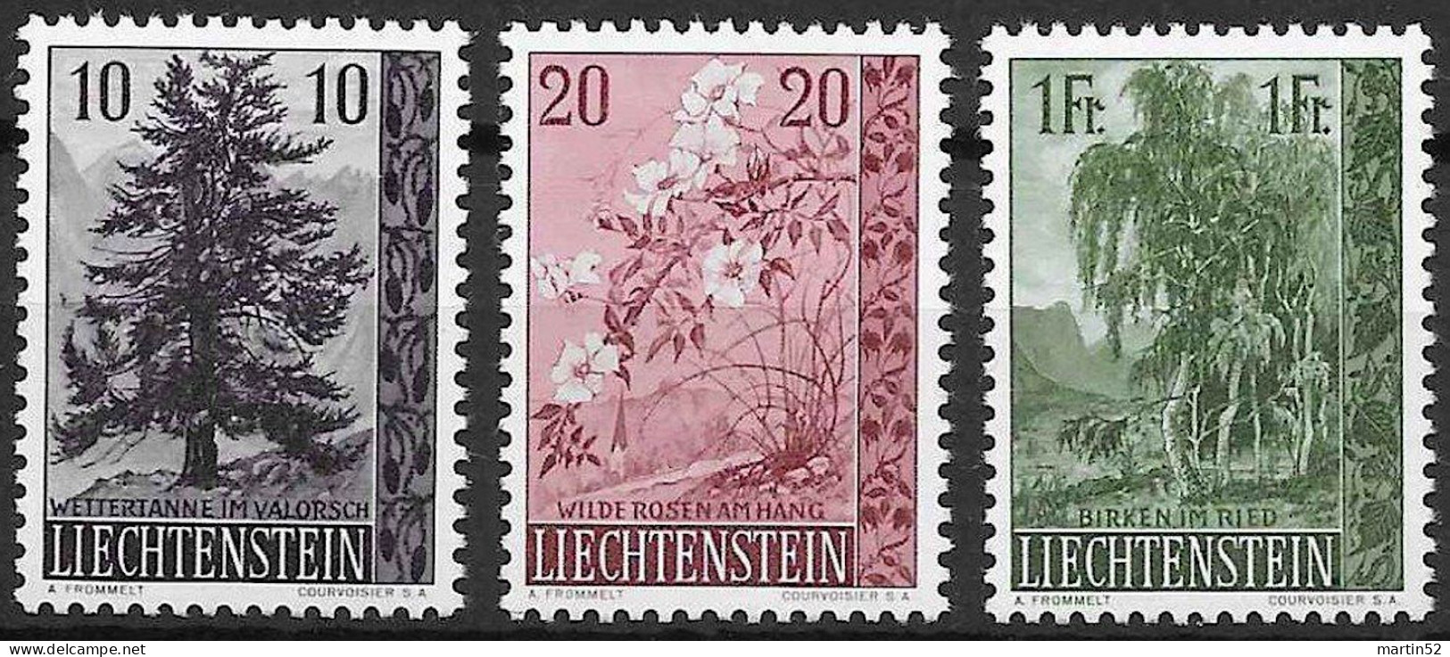 Liechtenstein 1957: WETTERTANNE WILDE ROSEN BIRKEN Zu 301-303 Mi 357-359 Yv 319-321 * Falz MLH (Zumstein CHF 15.00 -50%) - Ungebraucht