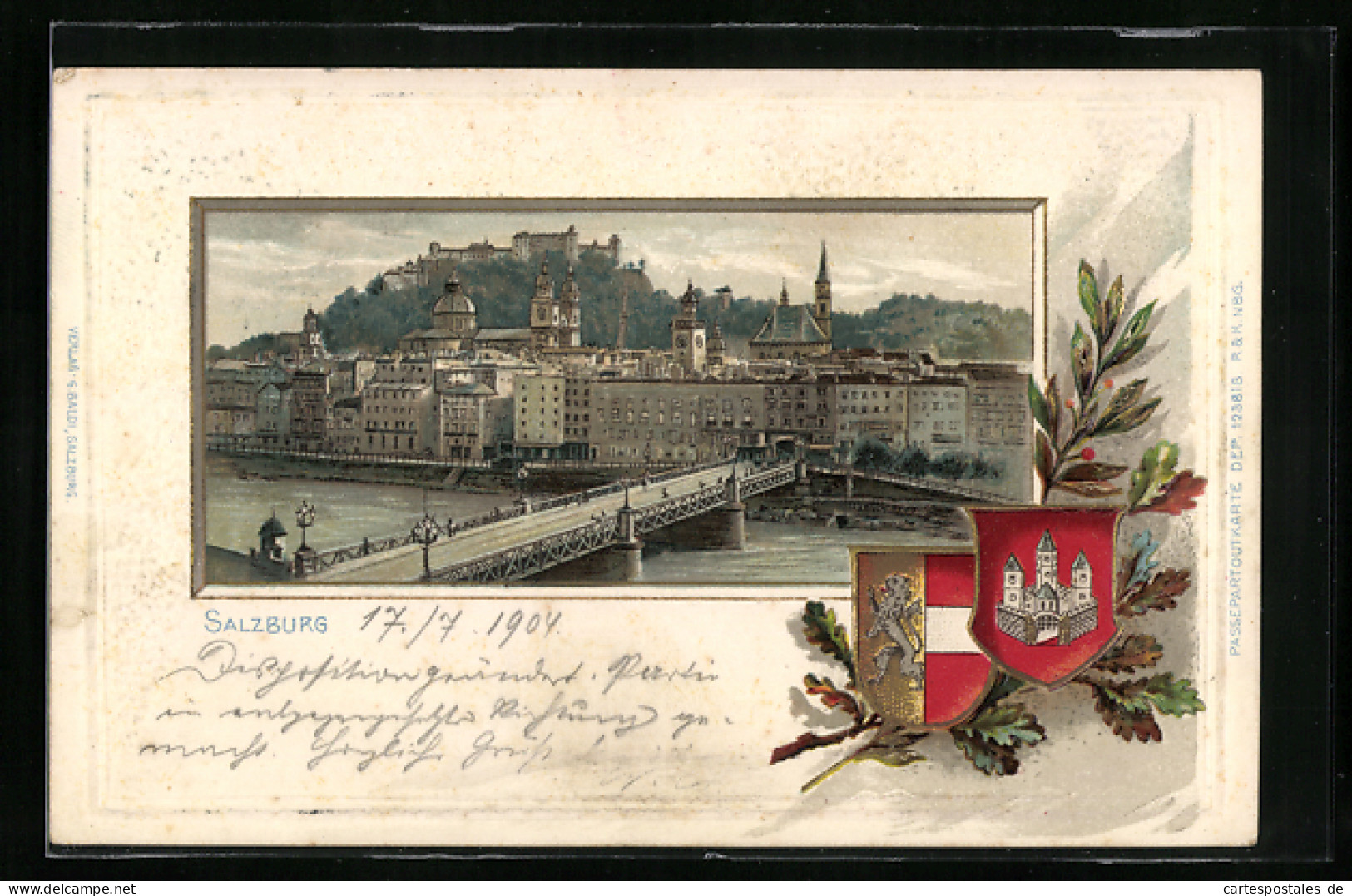 Lithographie Salzburg, Wappen Und Flusspartie Mit Brücke  - Sonstige & Ohne Zuordnung