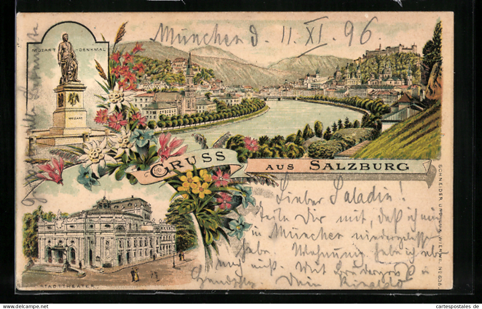 Lithographie Salzburg, Mozart-Denkmal Und Stadttheater  - Other & Unclassified