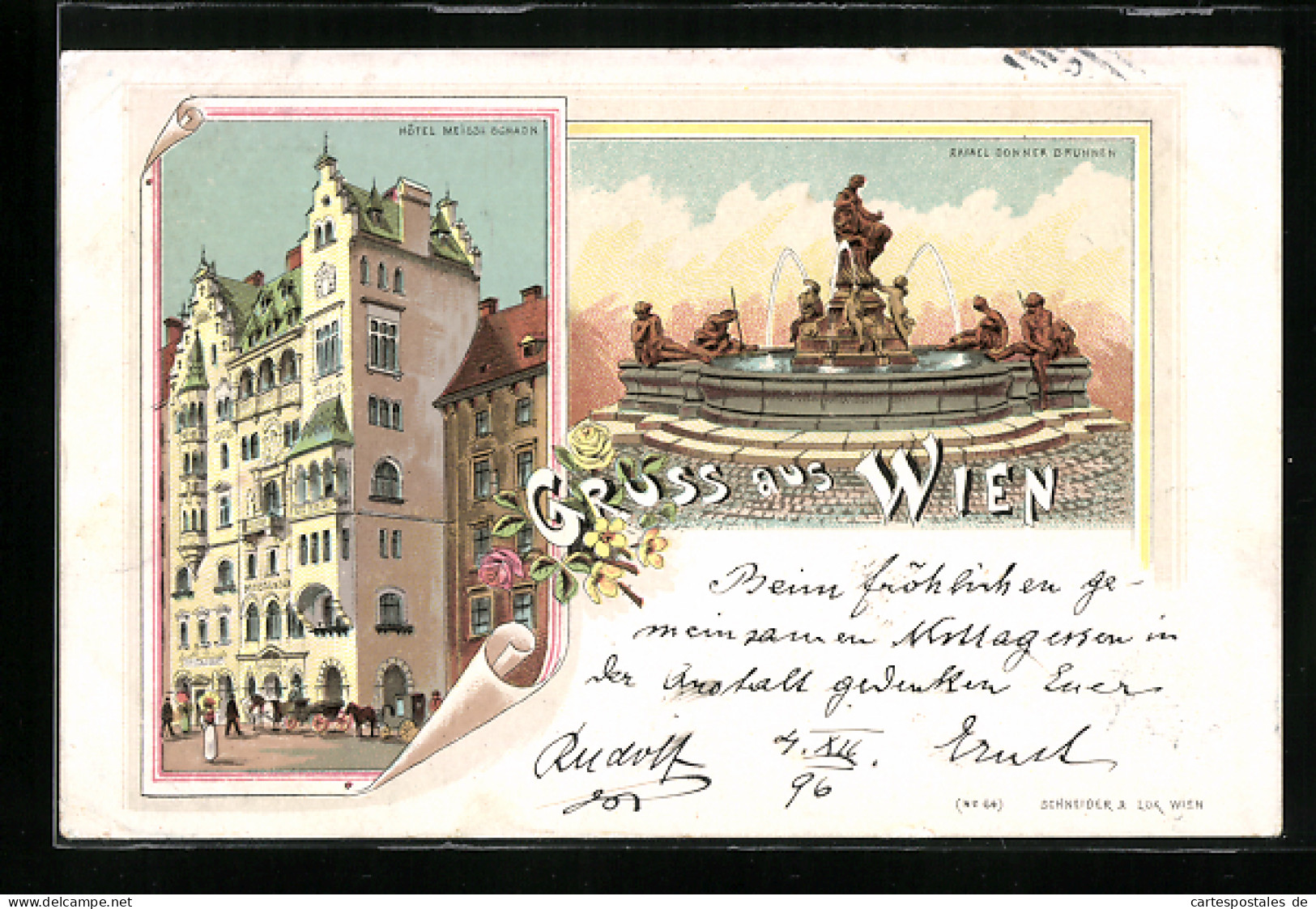 Lithographie Wien, Hotel Meissl Schadn Und Rafael Donner Brunnen  - Autres & Non Classés