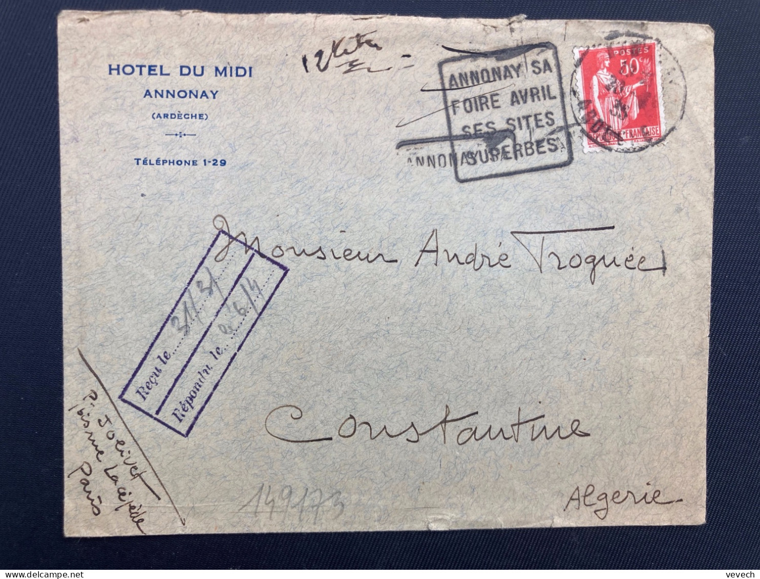 LETTRE HOTEL DU MIDI Pour ALGERIE TP PAIX 50c OBL. DAGUIN 20-3 35 ANNONAY ARDECHE (07) FOIRE AVRIL SES SITES SUPERBES - 1921-1960: Moderne