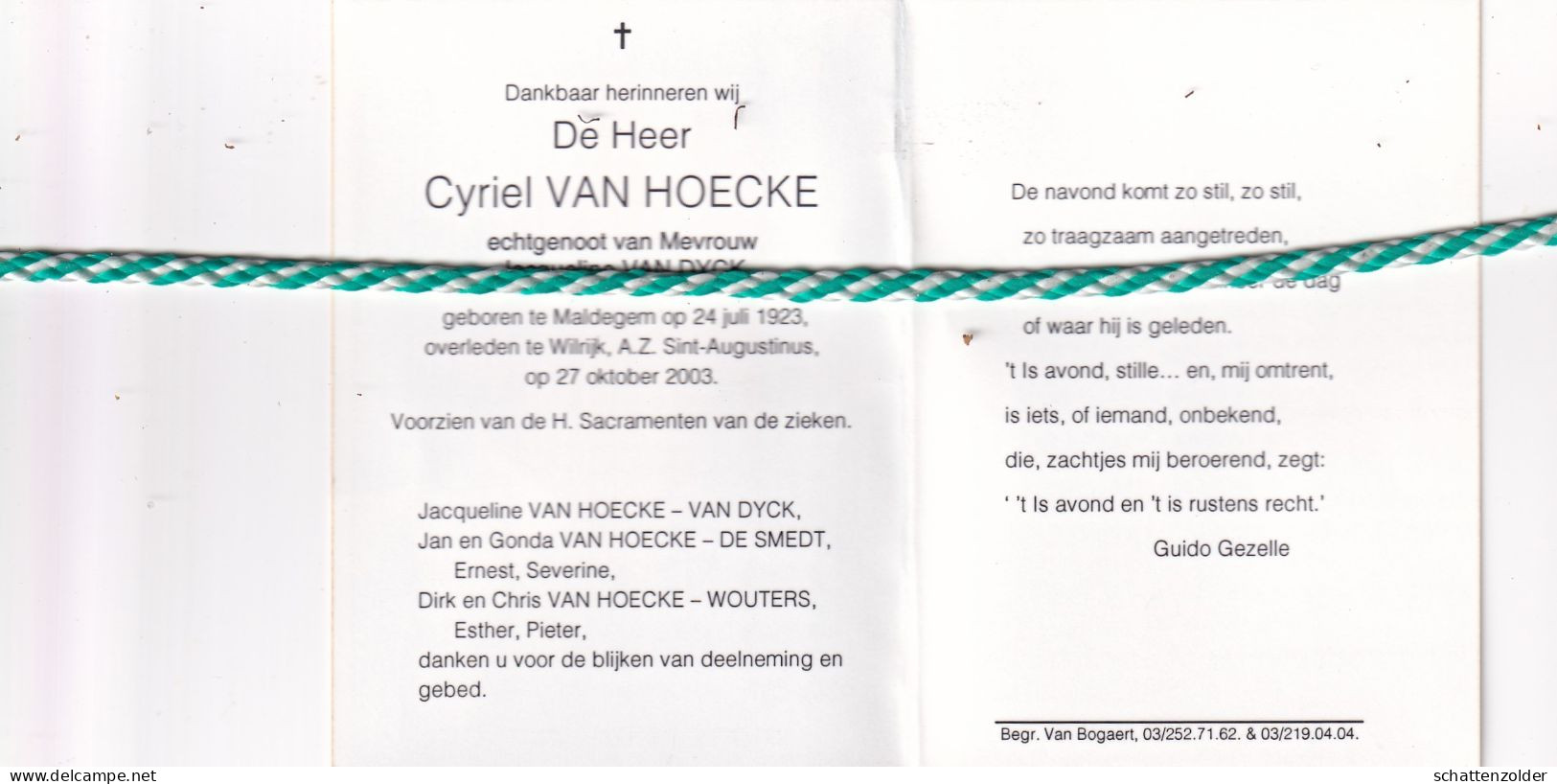 Cyriel Van Hoecke-Van Dyck, Maldegem 1923, Wilrijk 2003. Foto - Décès