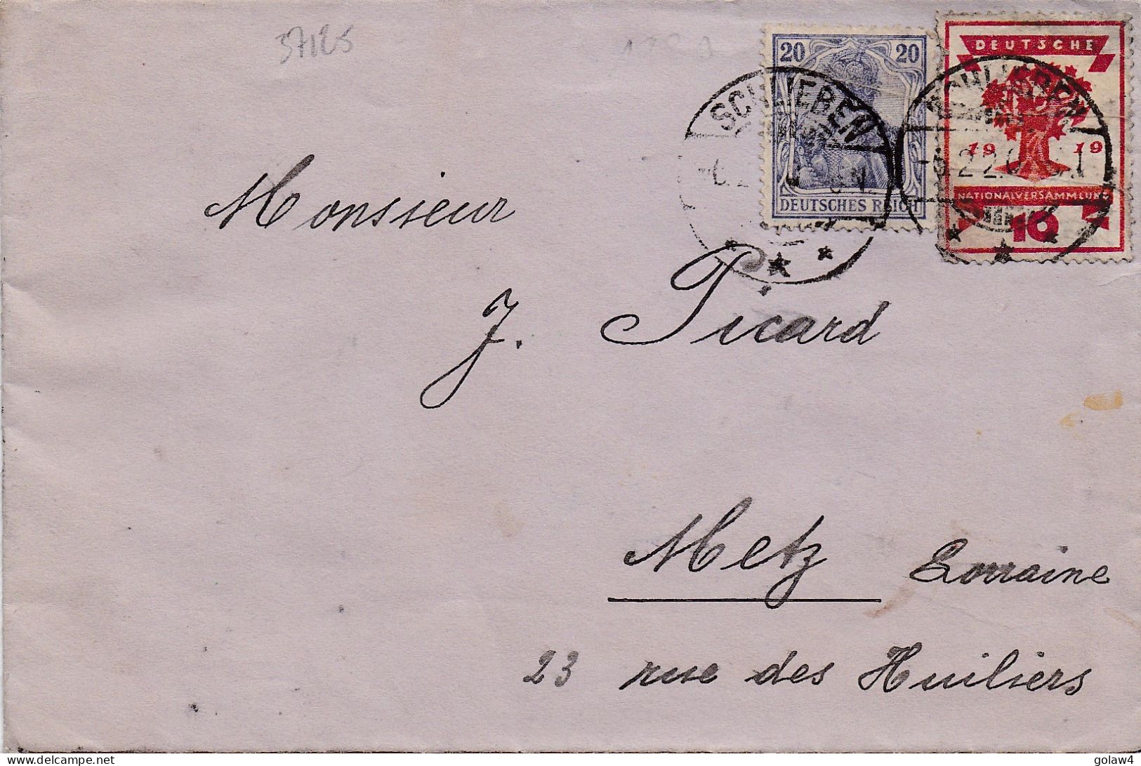 37125# LETTRE Obl SCHLIEBEN 1920 Pour METZ LORRAINE - Lettres & Documents