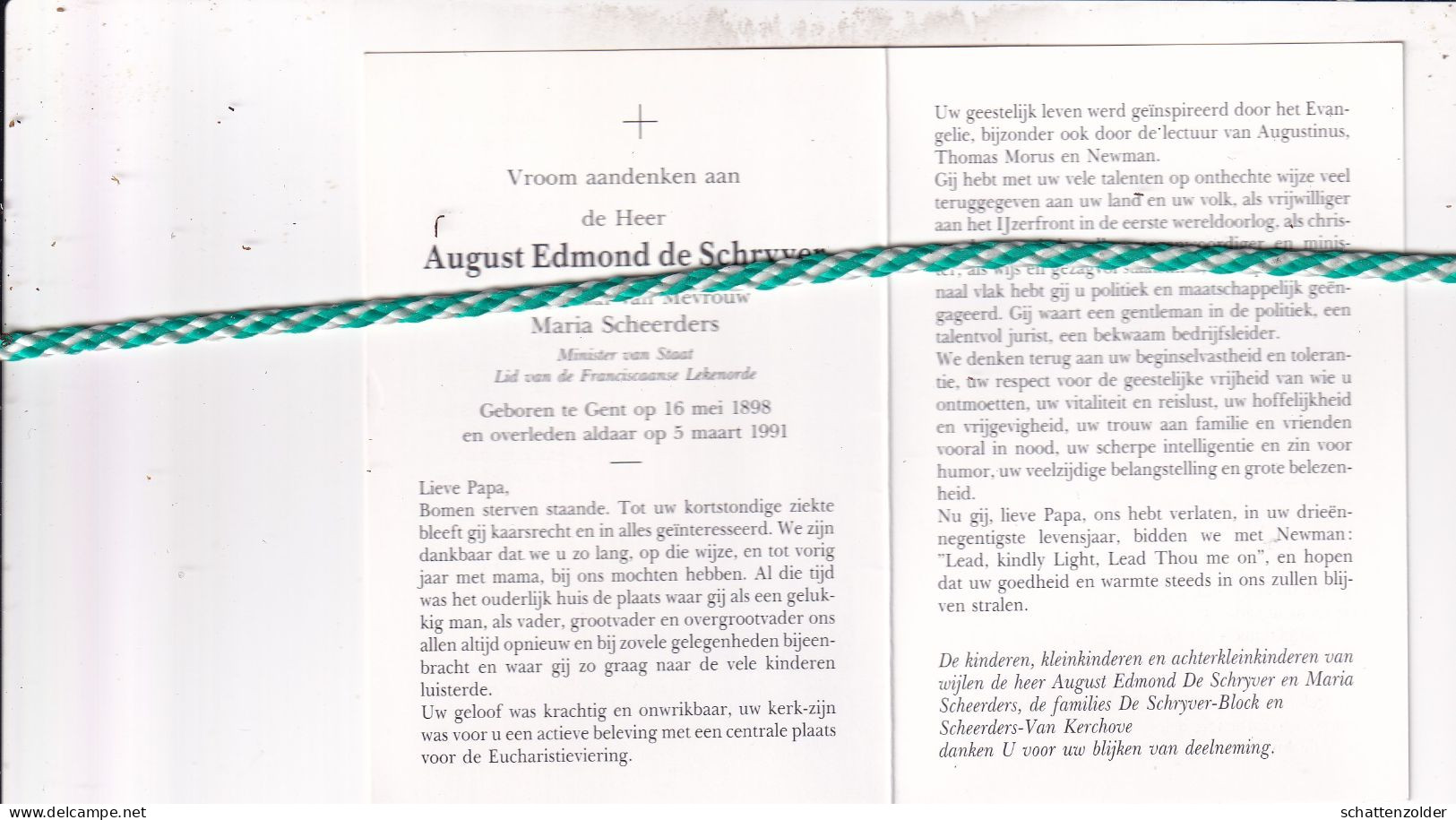 August Edmond De Schryver-Scheerders, Gent 1898, 1991. Minister Van Staat. Foto - Obituary Notices
