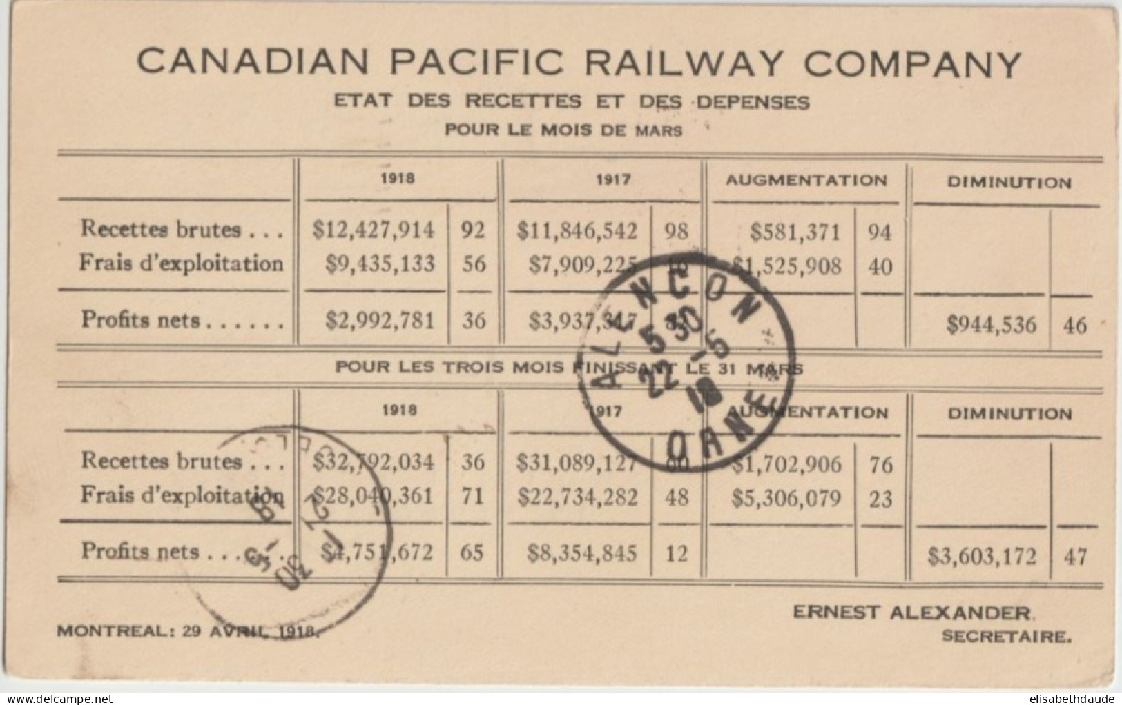 CANADA - 1918 - CP ENTIER ILLUSTREE PUB. PACIFIC RAILWAY COMPANY (EMERALD LAKE) ! De MONTREAL => ALENCON (ORNE) - 1903-1954 Könige