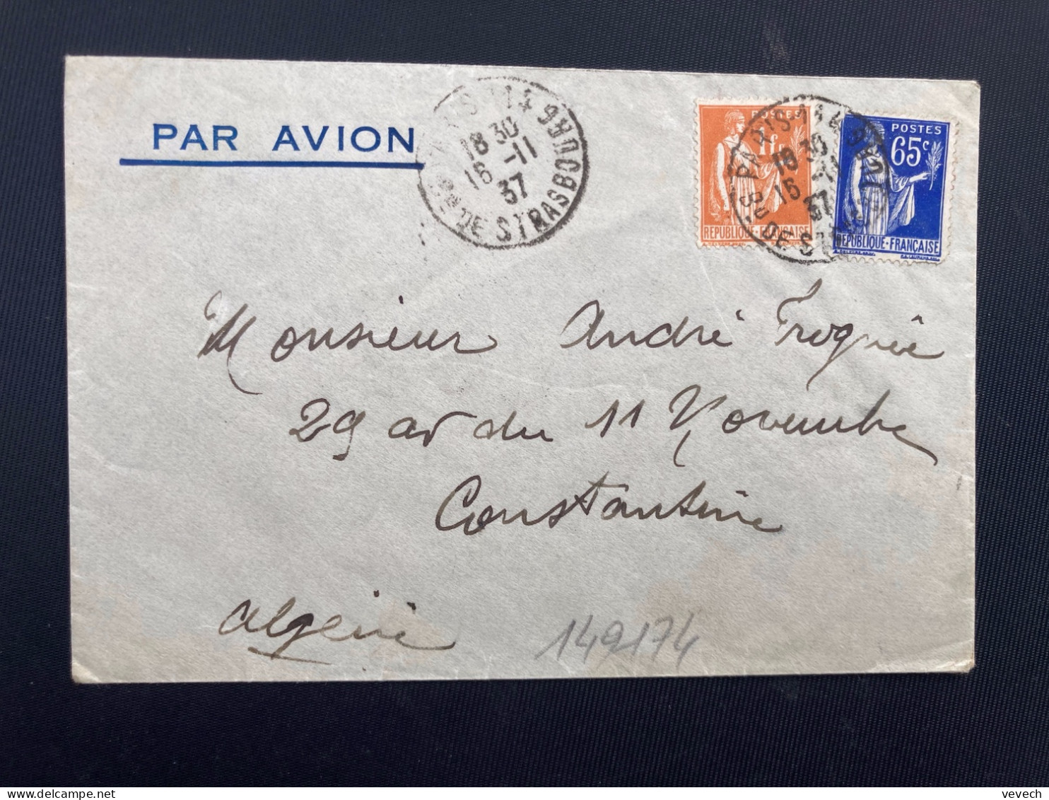 LETTRE Par Avion Pour ALGERIE TP PAIX 1F + 65c OBL.16-11 37 PARIS 14 - 1932-39 Peace