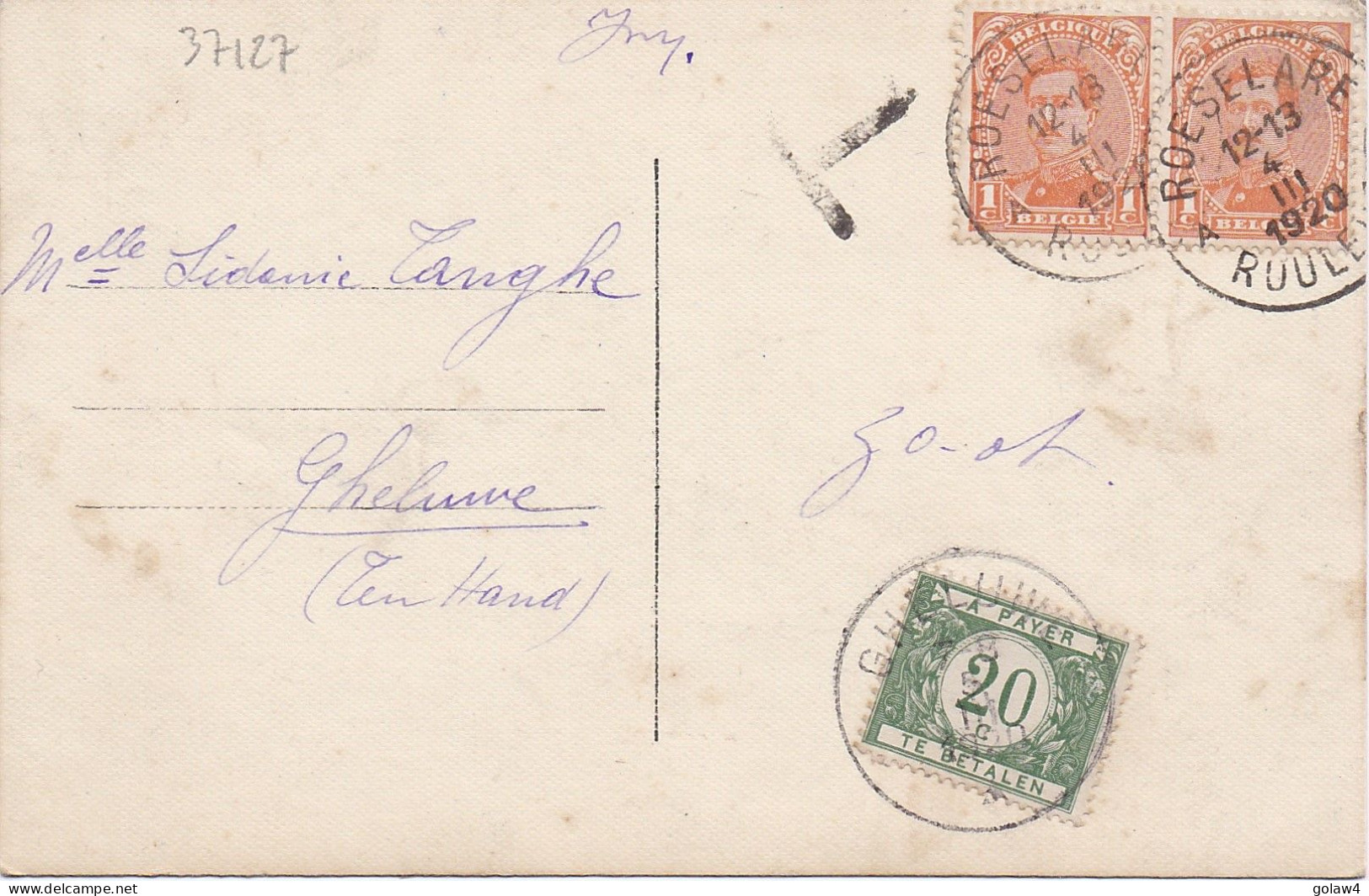 37127# CARTE POSTALE TAXE GHELUWE Obl ROESELARE 1920 - Storia Postale