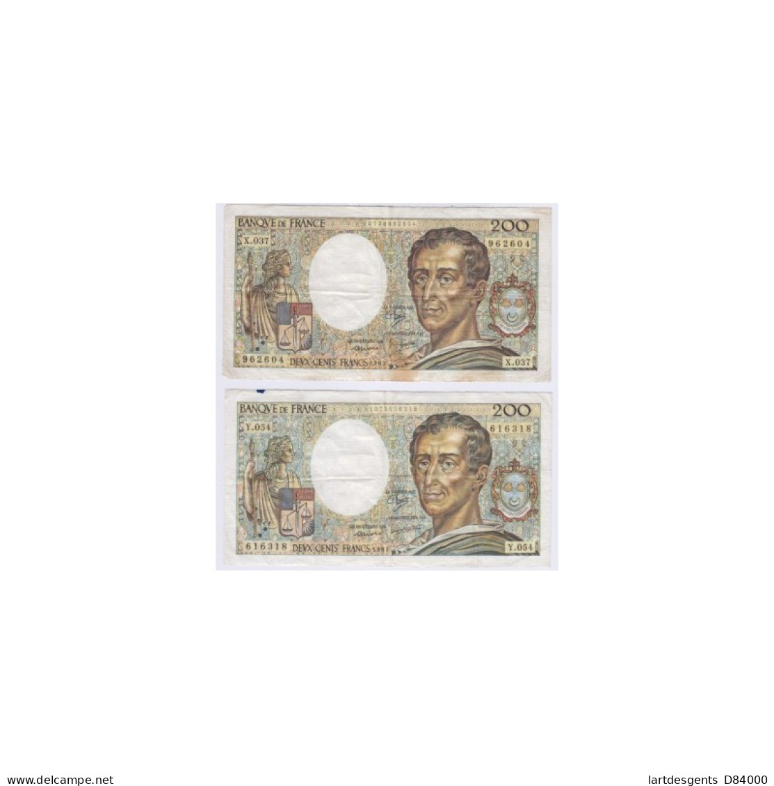 Lot De 2 BILLETS FRANCE 200 Francs MONTESQUIEU L'ART DES GENTS - 200 F 1981-1994 ''Montesquieu''