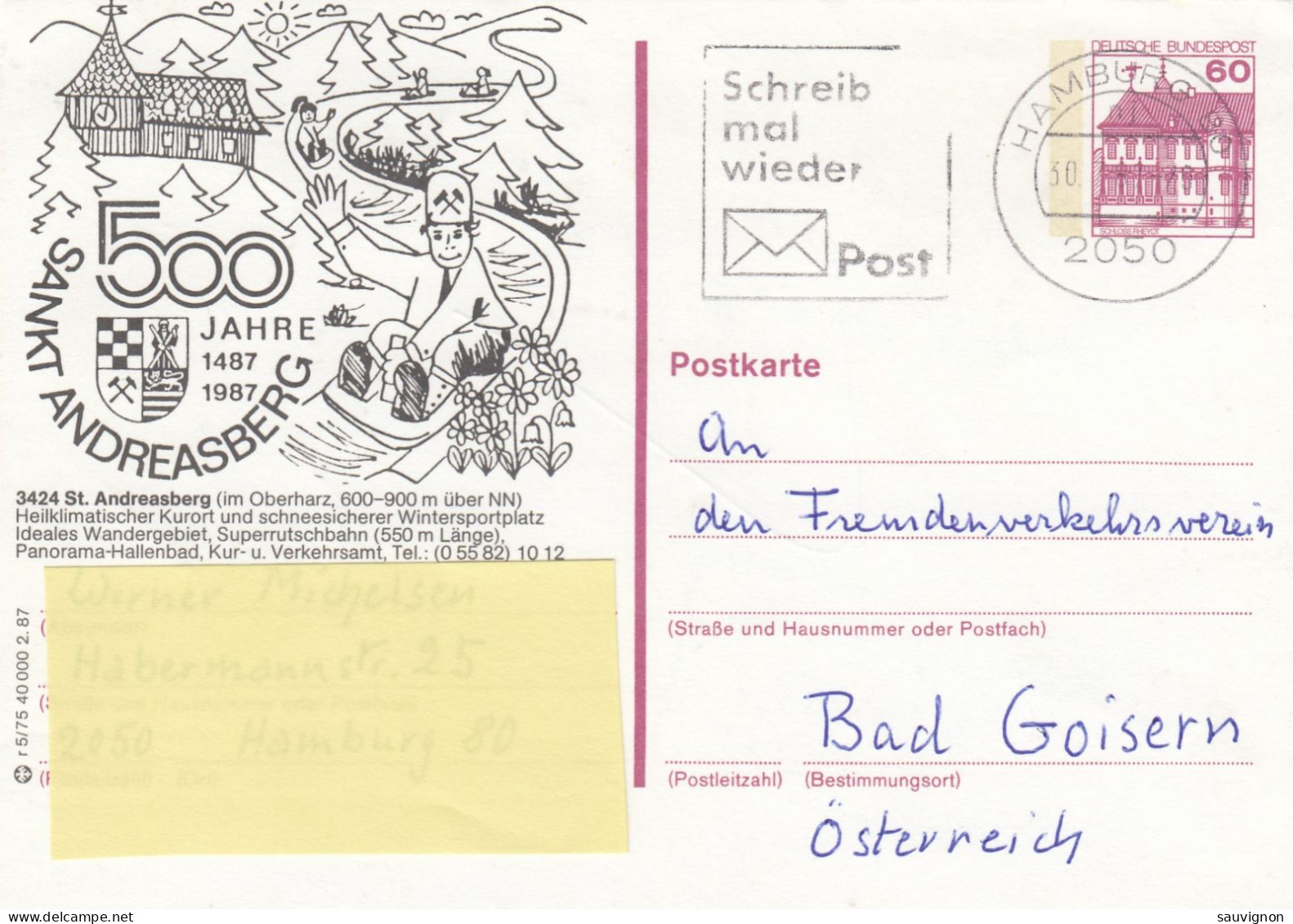 Deutschland. Bildpostkarte 3424 St. Andreasberg - 500 Jahre, Wertstempel 60 Pfg. Burgen Und Schlösser, Serie "r" - Cartes Postales Illustrées - Oblitérées