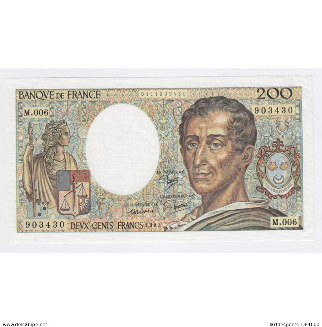 France 200 Francs Montesquieu 1981, M.006 903430, Neuf, Cote 80 Euros, Lartdesgents - 200 F 1981-1994 ''Montesquieu''