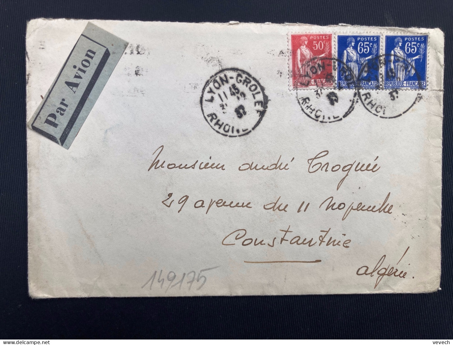 LETTRE Par Avion Pour ALGERIE TP PAIX 65c Paire + 50c OBL.31-12 37 LYON GROLEE RHONE (69) + OBL.MEC. LYON GARE AVION - 1932-39 Frieden