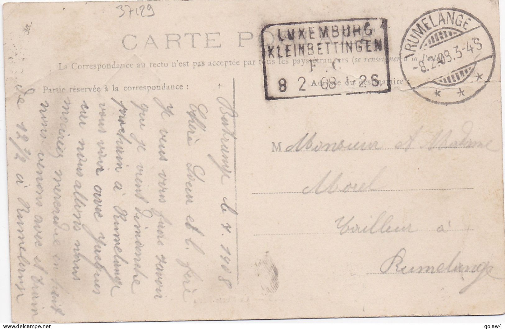 37129# CARTE POSTALE Datée De BERTRANGE Obl LUXEMBURG KLEINBETTINGEN F.C. 1908 AMBULANT Pour RUMELANGE Luxembourg - 1895 Adolphe Right-hand Side