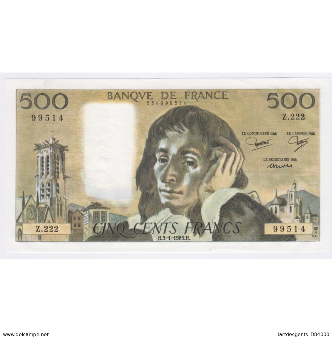 France 500 Francs Pascal 3-01-1985, Z.222 99514, Neuf, Cote 130 Euros Lartdesgents - 500 F 1968-1993 ''Pascal''