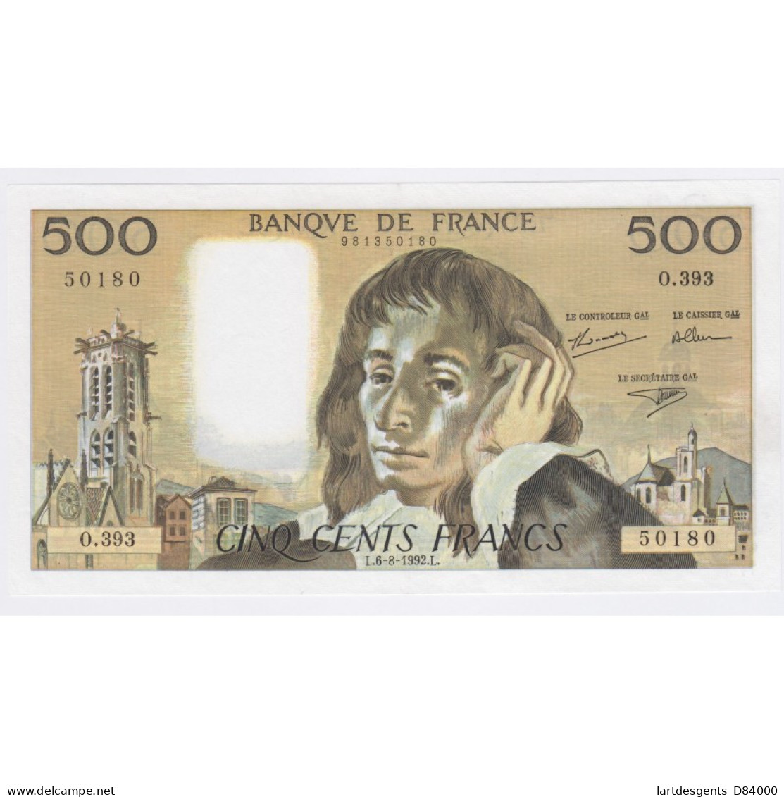 France 500 Francs Pascal 6-08-1992, O.393 50180, P/Neuf, Lartdesgents - 500 F 1968-1993 ''Pascal''