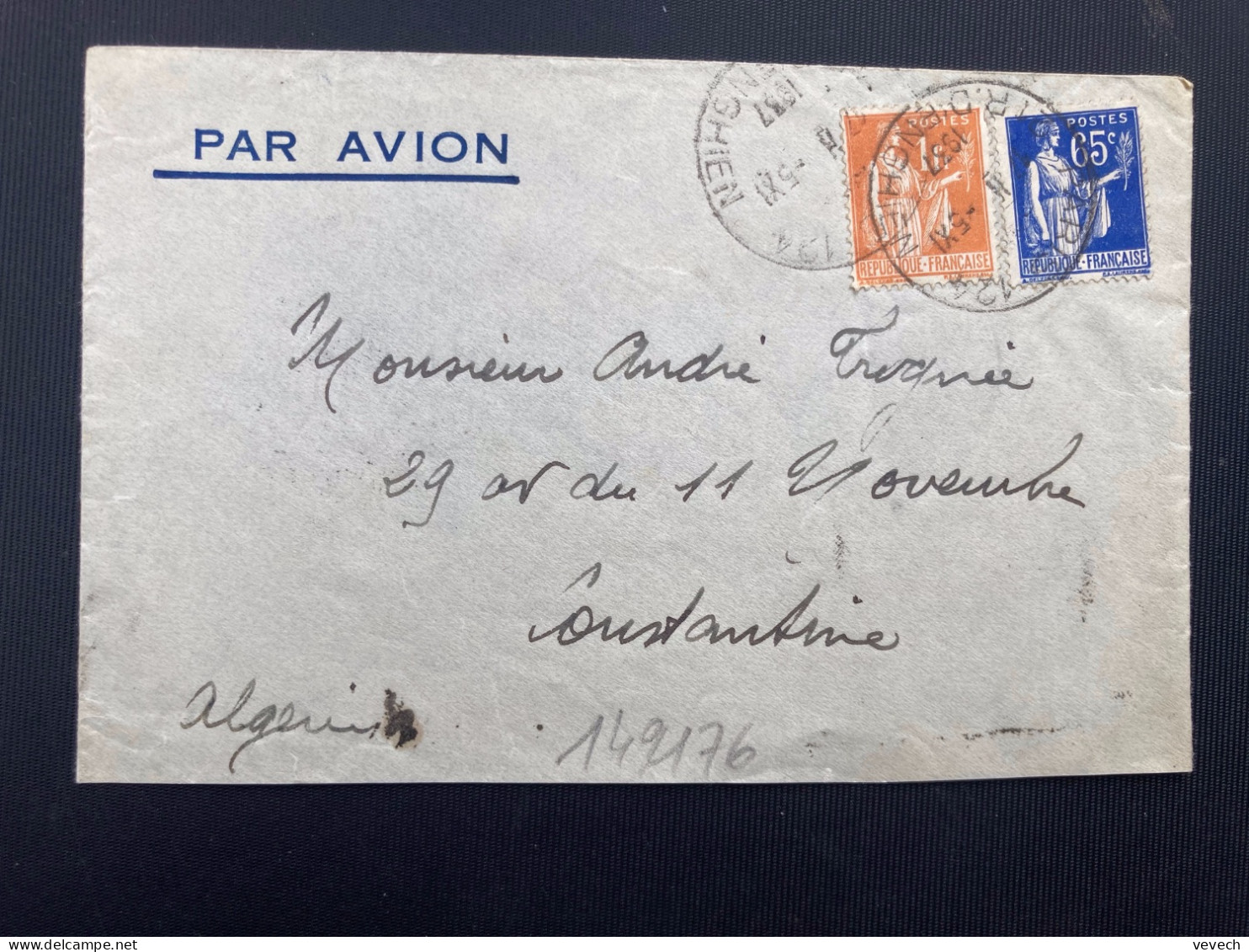LETTRE Par Avion Pour ALGERIE TP PAIX 1F + 65c OBL. HOROPLLAN 5 XI 1937 PARIS 124 - 1932-39 Frieden
