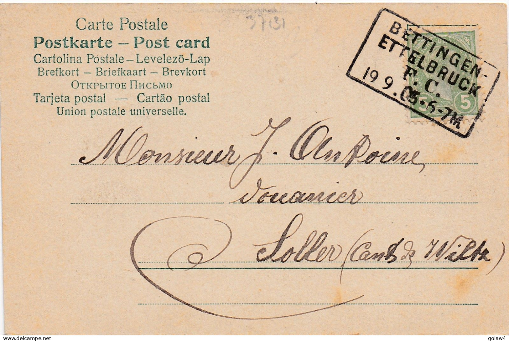 37131# CARTE POSTALE Obl BETTINGEN ETTELBRUCK F.C. 1905 AMBULANT Pour SOLLER WILTZ - 1895 Adolphe Profil