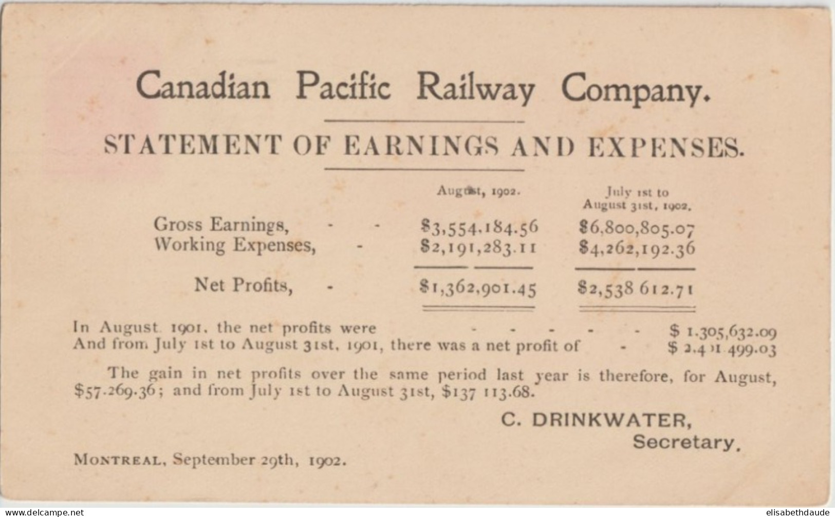 CANADA - 1902 - CP ENTIER ILLUSTREE PUB. PACIFIC RAILWAY COMPANY (PLACE VIGER HOTEL) ! De MONTREAL - 1860-1899 Règne De Victoria