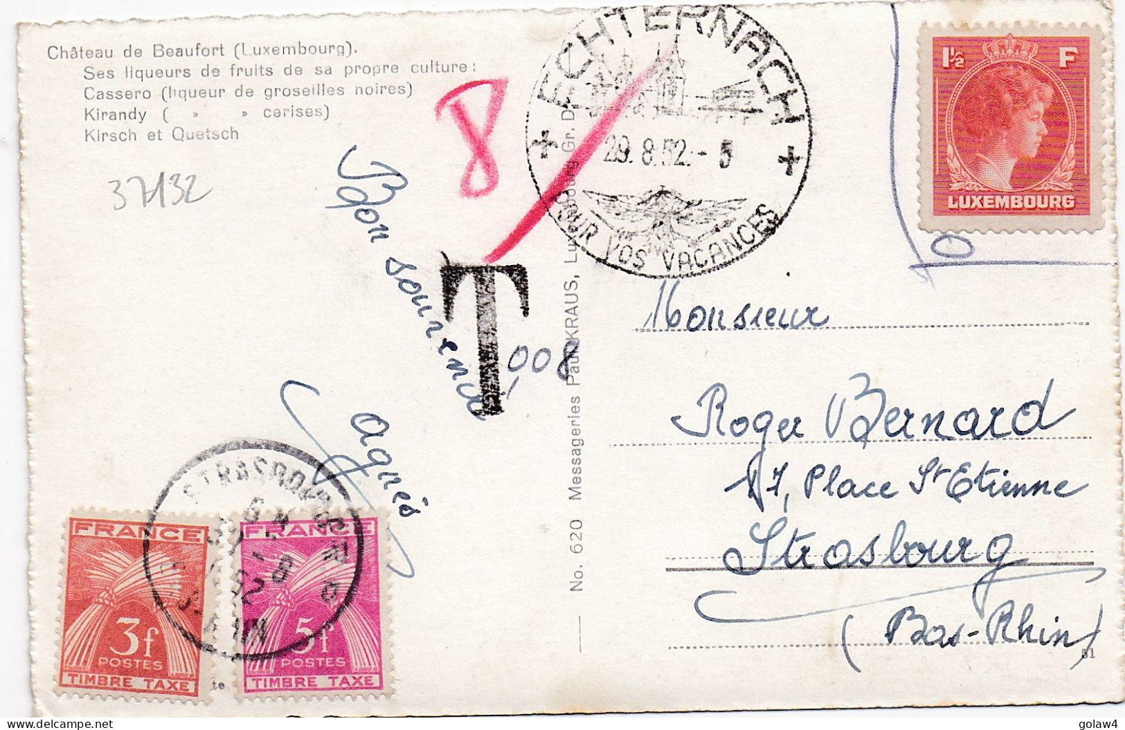37132# CARTE POSTALE BEAUFORT ECHTERNACH TIMBRE LUXEMBOURG VALEUR NULLE TAXE GERBE Obl STRASBOURG BAS RHIN 1952 - Lettres & Documents
