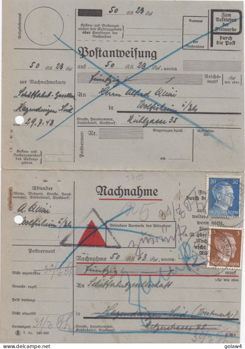 37133# CARTE CONTRE REMBOURSEMENT ZURUCH RETOUR Obl WOLFISHEIM 1943 BAS RHIN Pour HAGONDANGE MOSELLE TALANGE - Covers & Documents