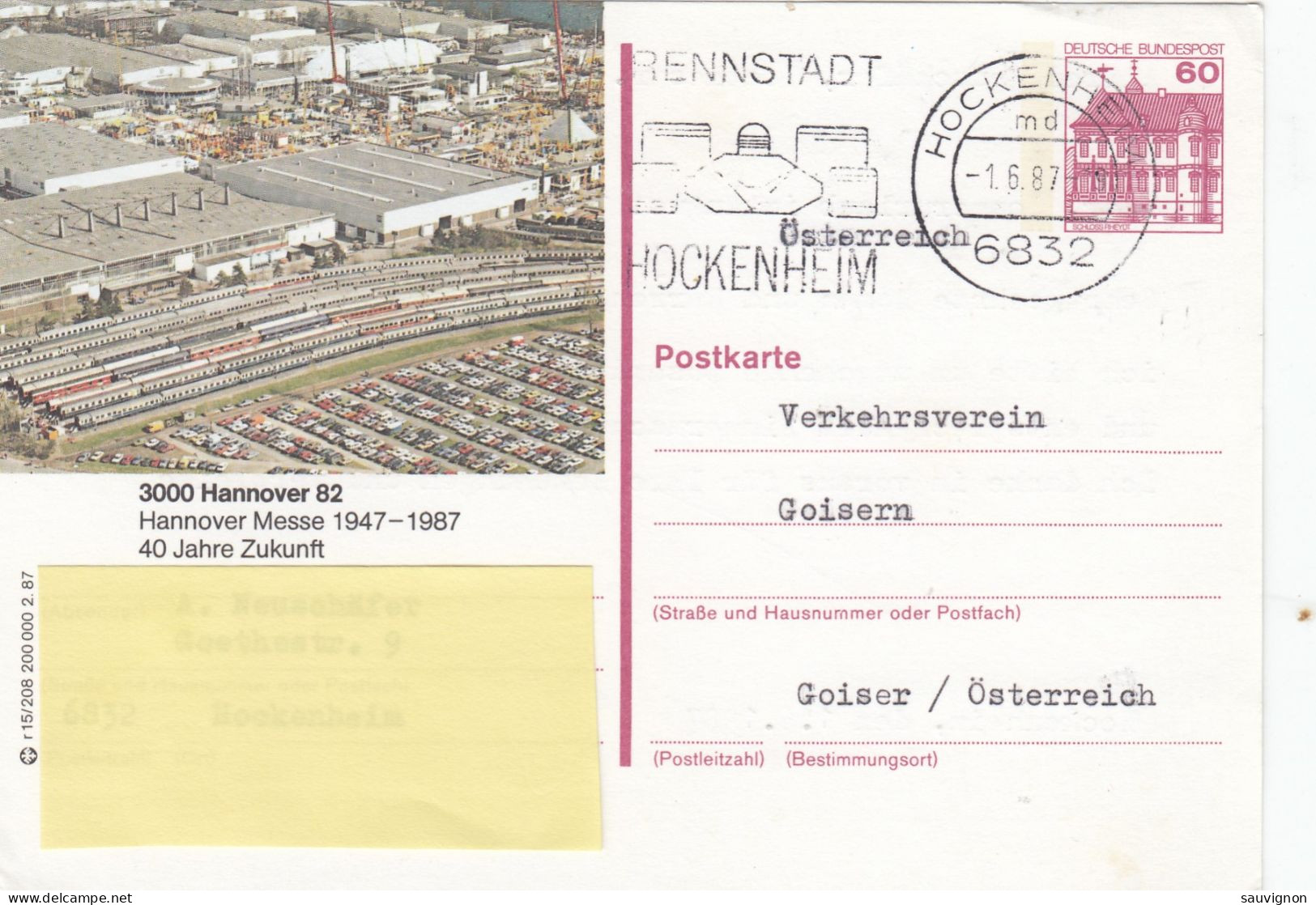 Deutschland. Bildpostkarte 3000 Hannover 82 - Hannover Messe, Wertstempel 60 Pfg. Burgen Und Schlösser, Serie "r" - Cartes Postales Illustrées - Oblitérées