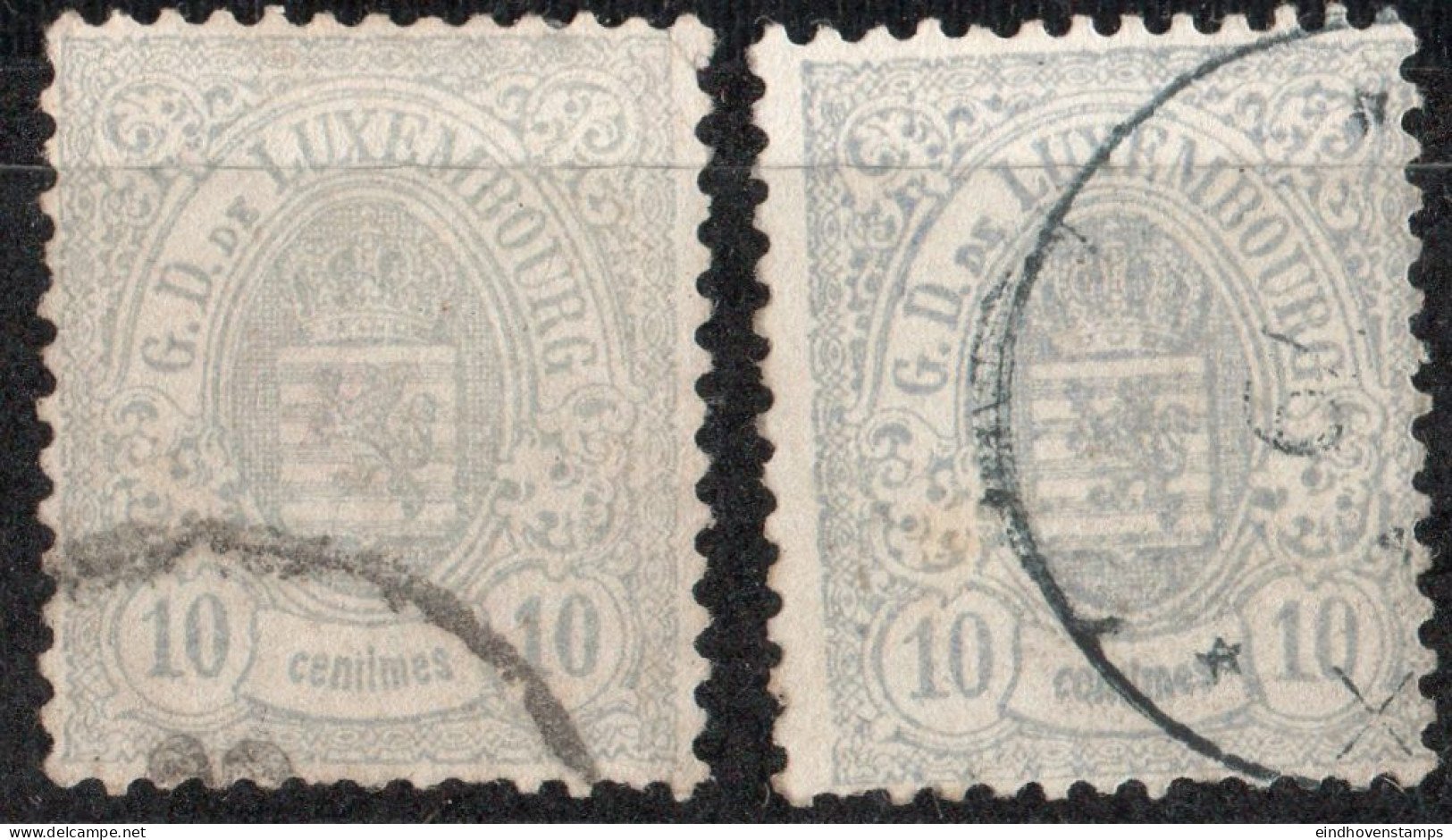 Luxemburg 1875 Armories 10 C Perf 13, Shades  2 Values Cancelled - 1859-1880 Coat Of Arms