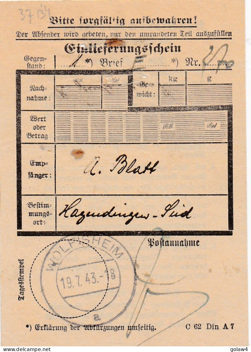 37134# RECU DE MANDAT Obl WOLFISHEIM 1943 BAS RHIN Pour HAGONDANGE MOSELLE TALANGE - Cartas & Documentos