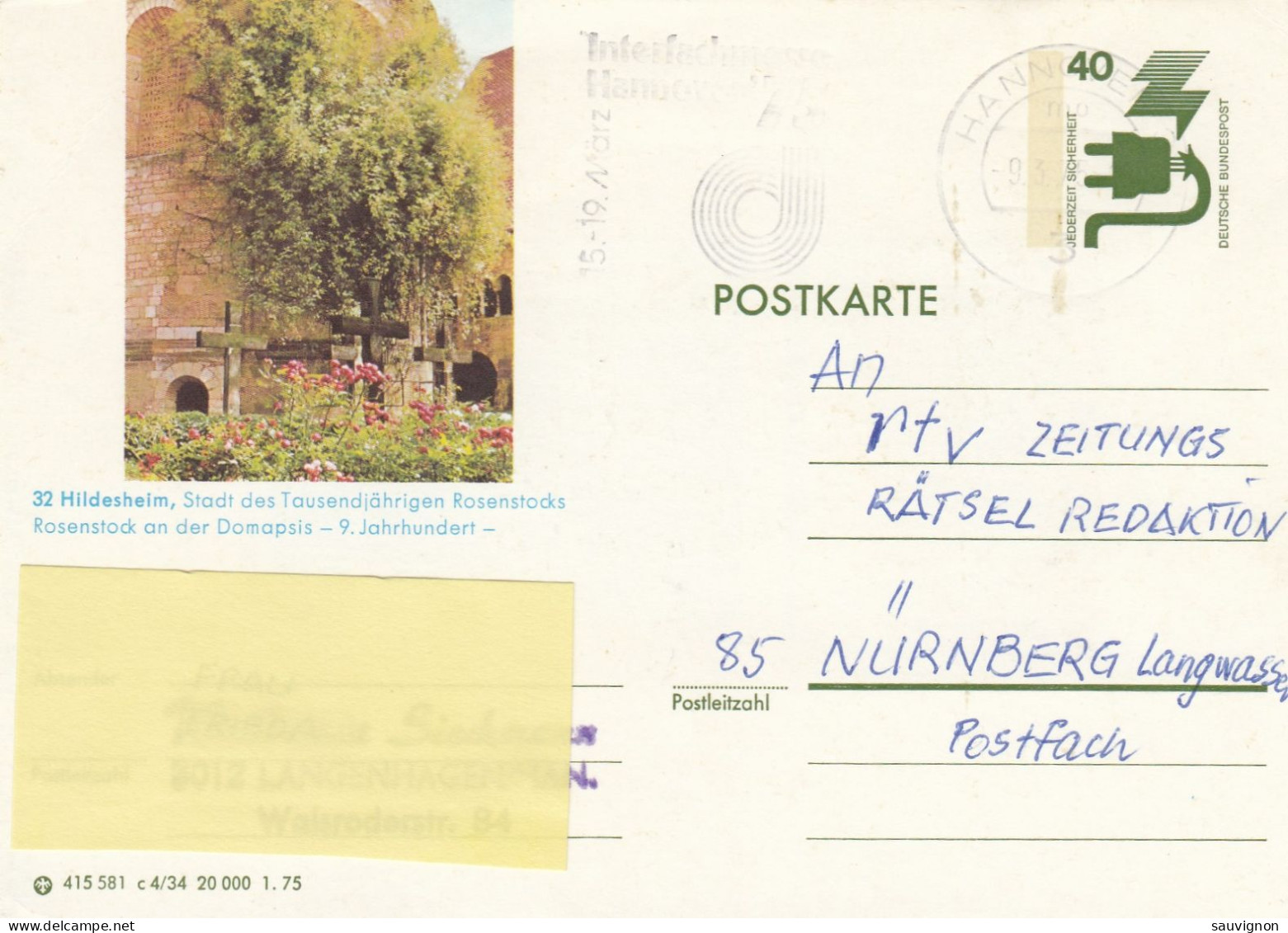 Deutschland. Bildpostkarte 32 HILDESHEIM, 1000-jähriger Rosenstock, Wertstempel 40 Pfg. Unfallverhütung, Serie "c" - Bildpostkarten - Gebraucht