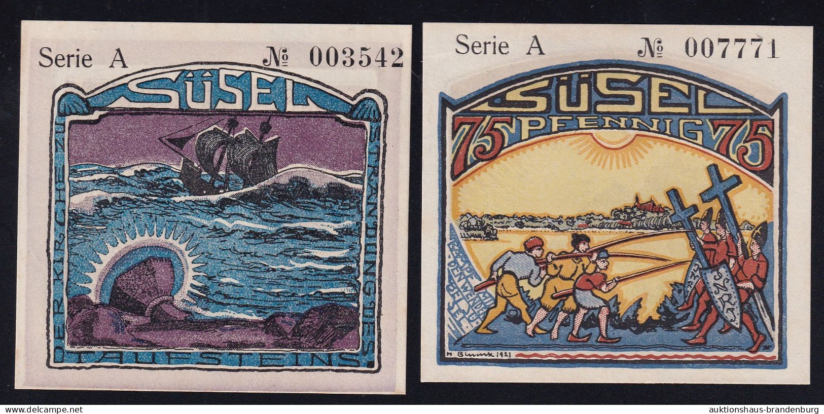 2x Süsel: 75 Pfennig + 1 Mark 10.2.1921 - Serie A, KN 6-stellig - Sammlungen