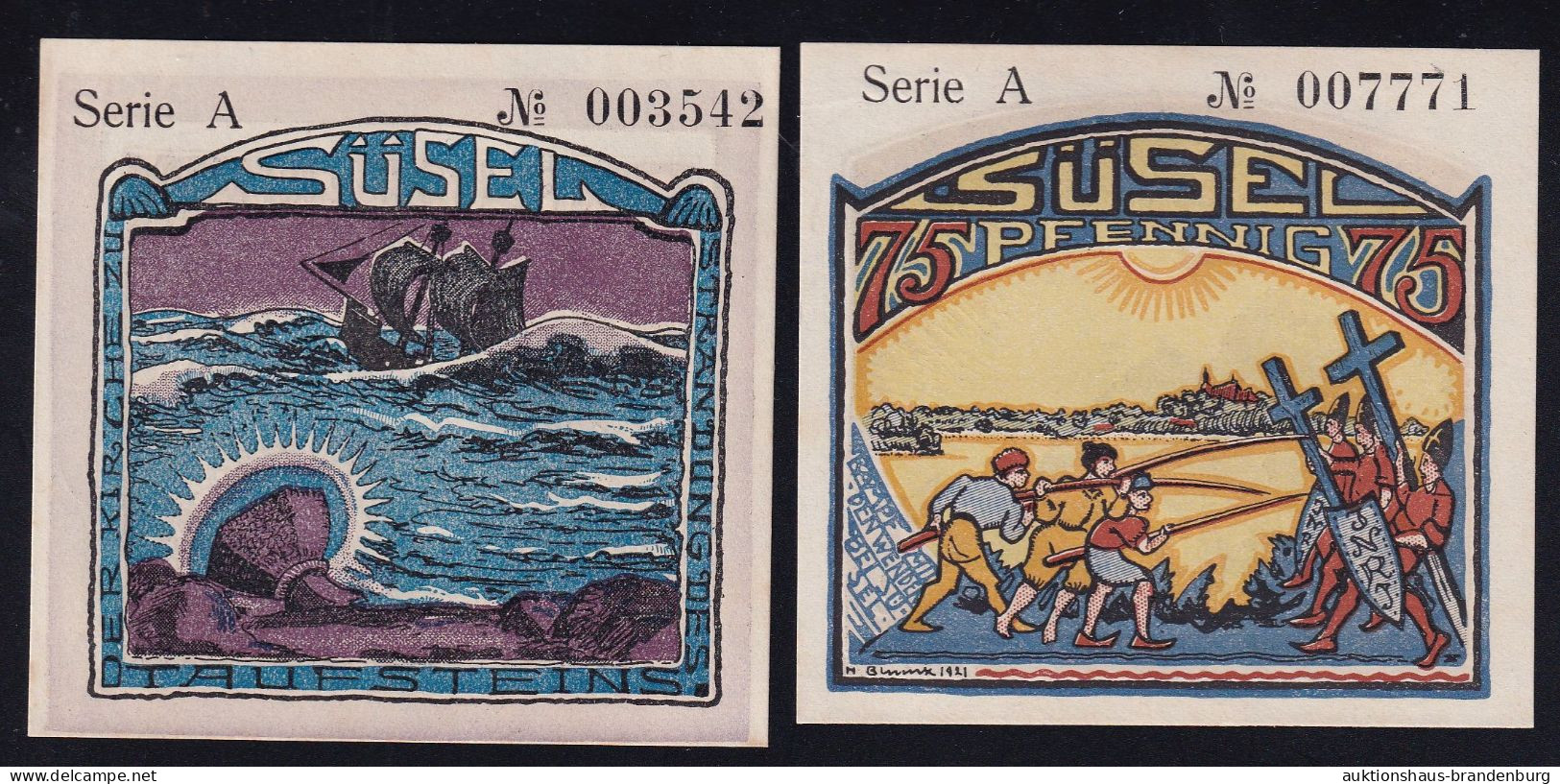 2x Süsel: 75 Pfennig + 1 Mark 10.2.1921 - Serie A, KN 6-stellig - Colecciones