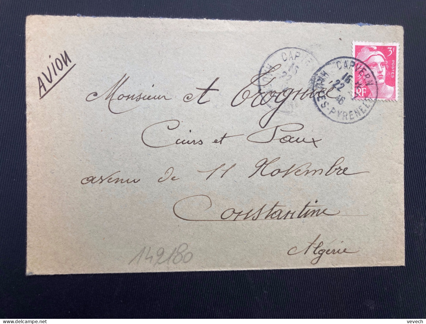 LETTRE Par Avion Pour ALGERIE TP M DE GANDON 3F OBL.22-7 46 CAPVERN HAUTES PYRENEES (65) - 1945-54 Marianne Of Gandon