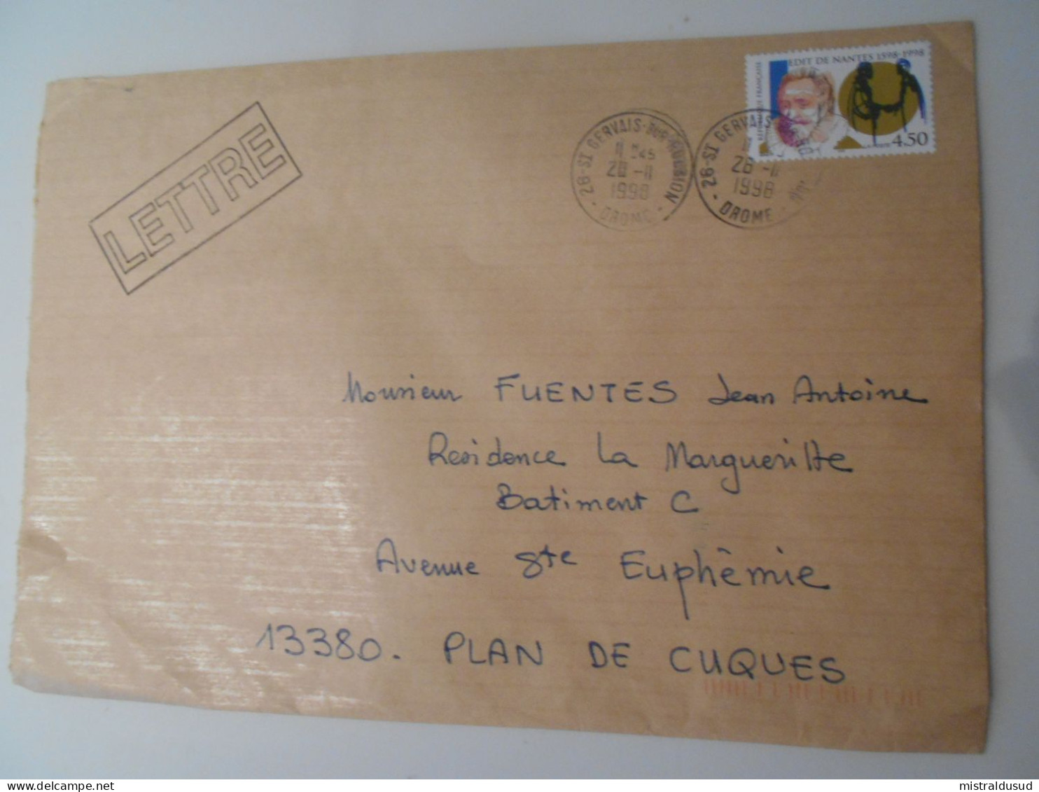 France , Lettre De St Gervais-sur-roubion 1998 Pour Plan De çuques - Covers & Documents