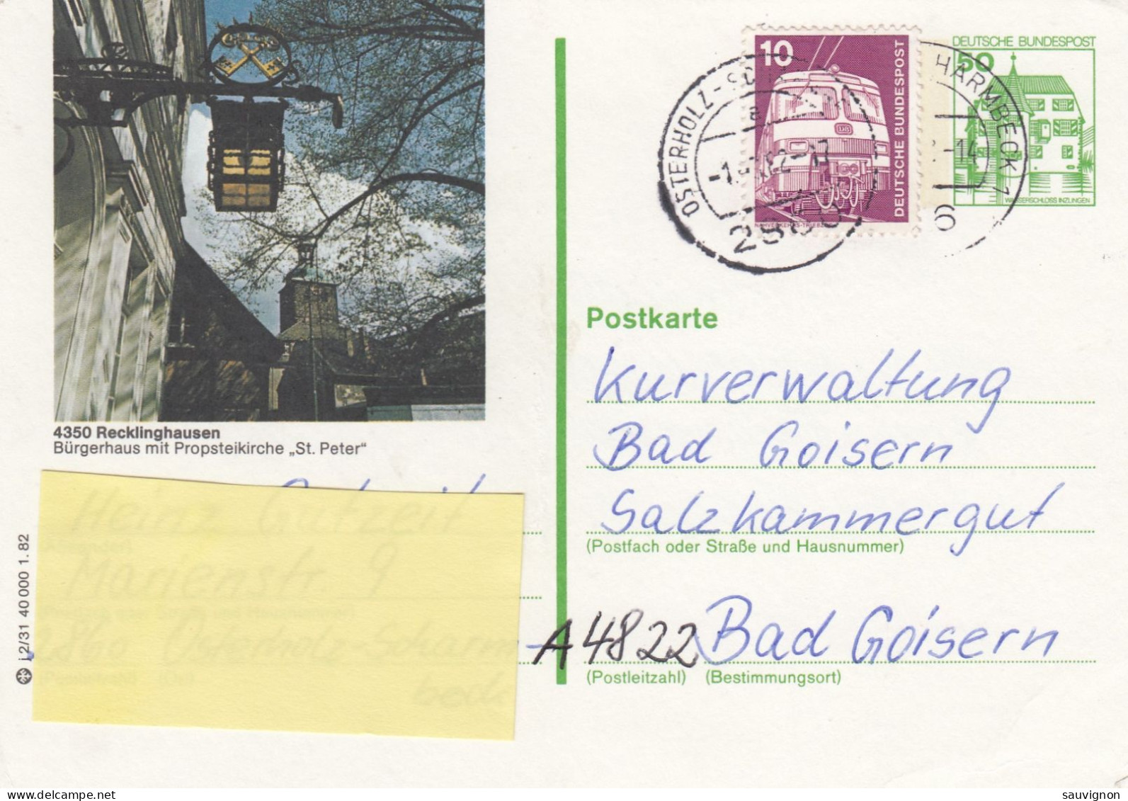 Deutschland. Bildpostkarte 4350 RECKLINGHAUSEN, Bürgerhaus, Wertstempel 50 Pfg. Burgen Und Schlösser, Serie "j" - Cartoline Illustrate - Usati