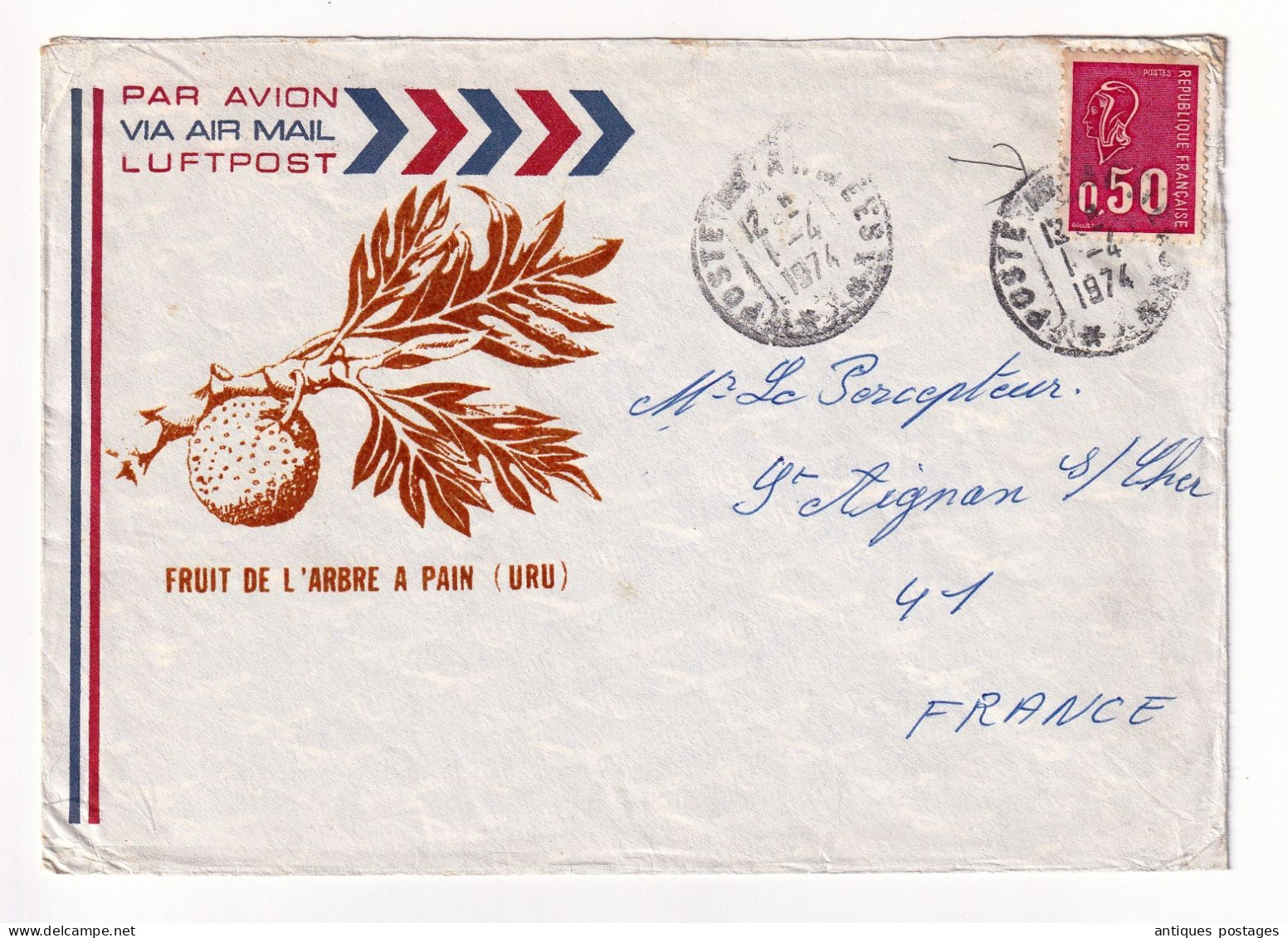 Lettre 1974 Cachet Poste Aux Armées Océanie Fruit De L'Arbre à Pain Uru   Breadfruit - Militaire Stempels Vanaf 1900 (buiten De Oorlog)