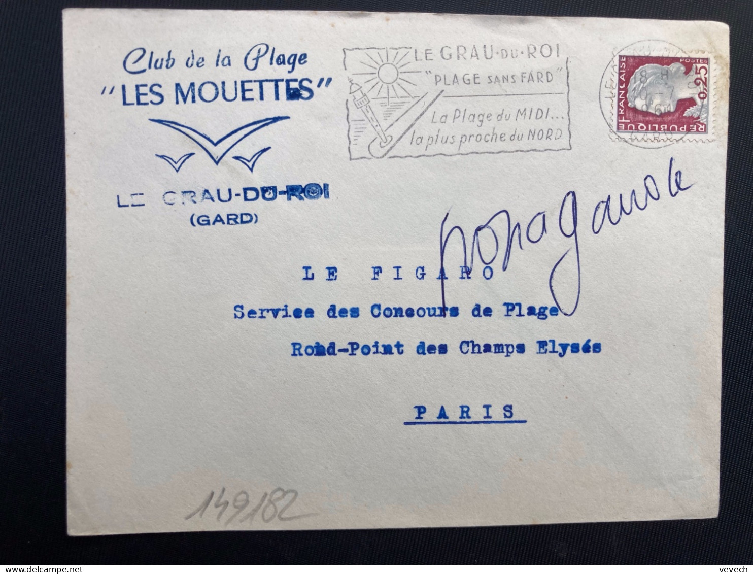 LETTRE CLUB DE LA PLAGE LES MOUETTES TP M DE DECARIS 0,25 OBL.MEC.10-7 1961 LE GRAU DU ROI GARD (30) - Andere & Zonder Classificatie