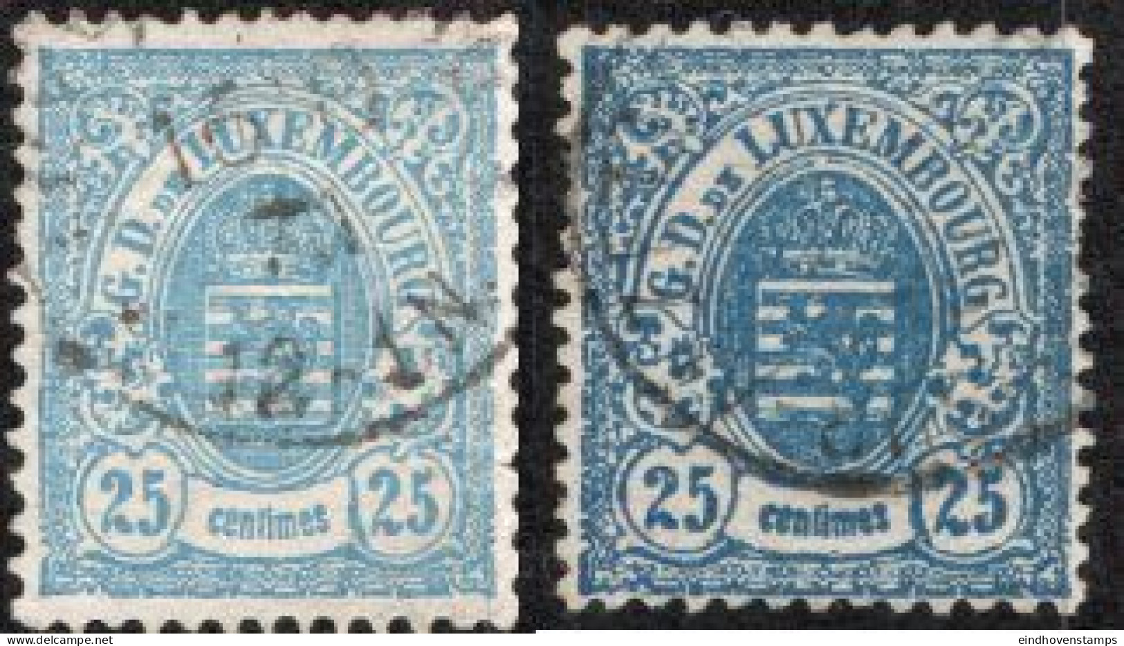 Luxemburg 1875 Armories 25 C Perf 13, Shades  2 Values Cancelled - 1859-1880 Stemmi