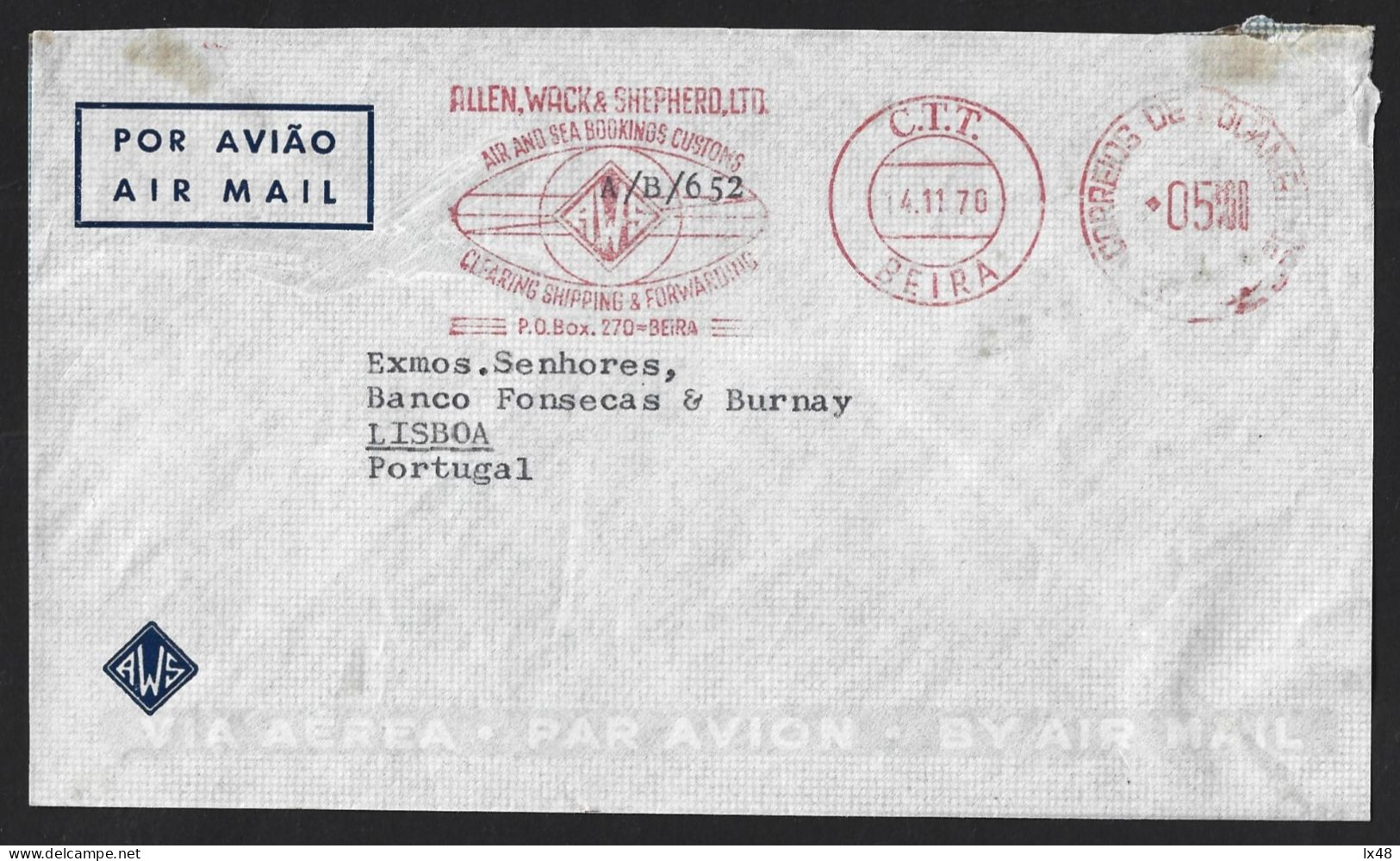 Carta Com Flâmula AWS, Transportes Marítimos, Obliteração Beira 1970. AWS Pennant Letter. Maritime Transport, Ships. Rar - Mosambik