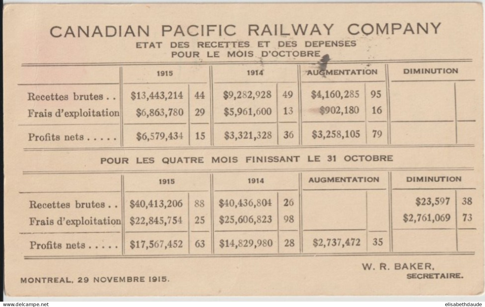 CANADA - 1915 - CP ENTIER ILLUSTREE PUB. PACIFIC RAILWAY COMPANY (DINING ROOM GARE) ! De MONTREAL => MARSEILLE - 1903-1954 Kings