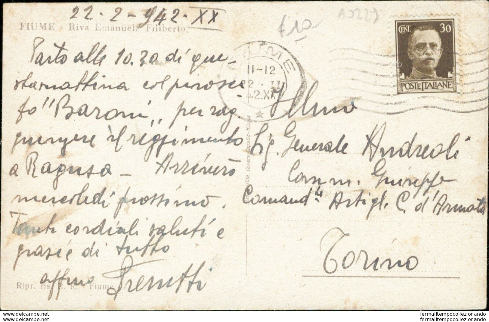 Ao229 Cartolina Fiume Riva Emanuele Filiberto 1942 Croazia - Autres & Non Classés