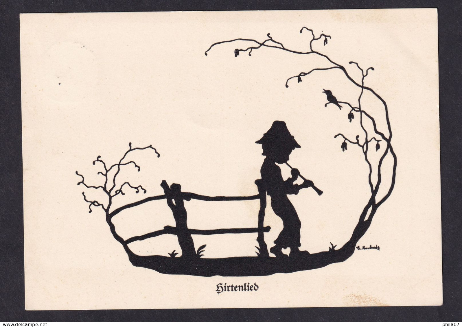 Birtenlied ? - Boy Playing Flute / Postcard Circulated, 2 Scans - Scherenschnitt - Silhouette