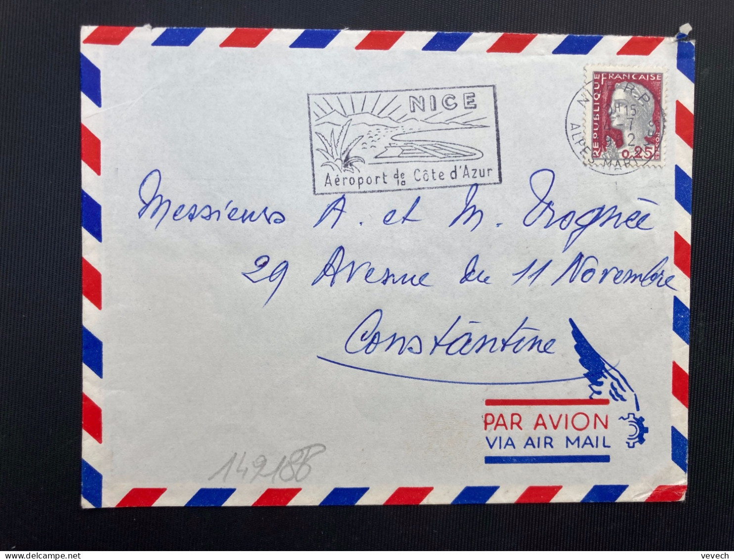 LETTRE Par Avion Pour ALGERIE TP M DE DECARIS 0,25 OBL.MEC.14-7 1962 NICE RP (06) - 1962-1965 Cock Of Decaris