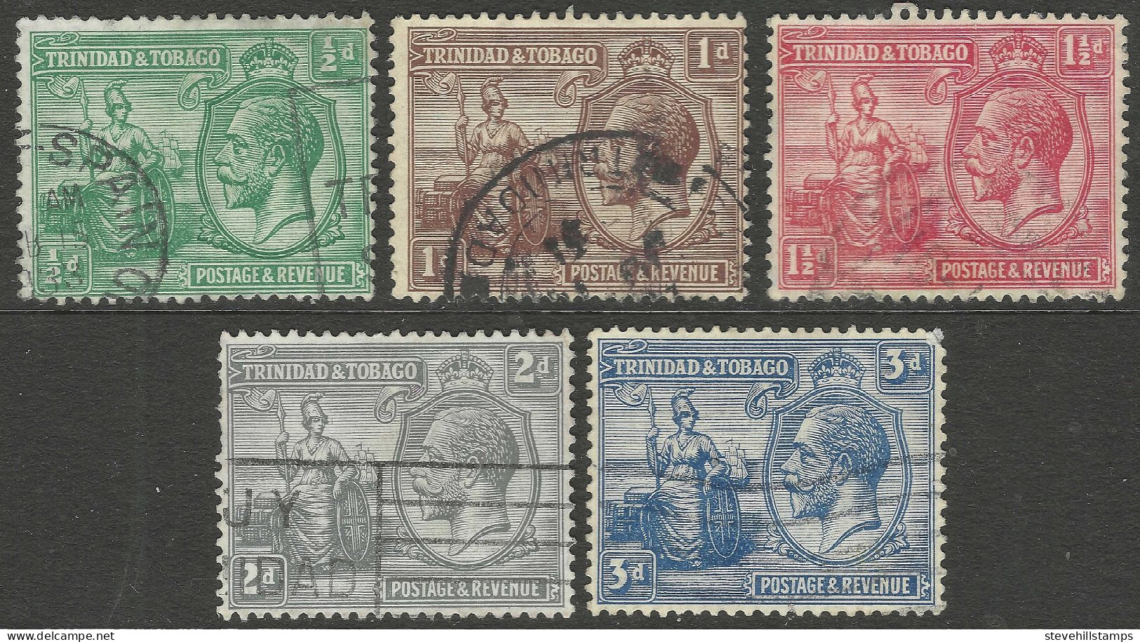 Trinidad & Tobago. 1922-28 KGV. 5 Used Values To 3d. Mult Script CA W/M. SG 218etc. M5075 - Trinité & Tobago (...-1961)