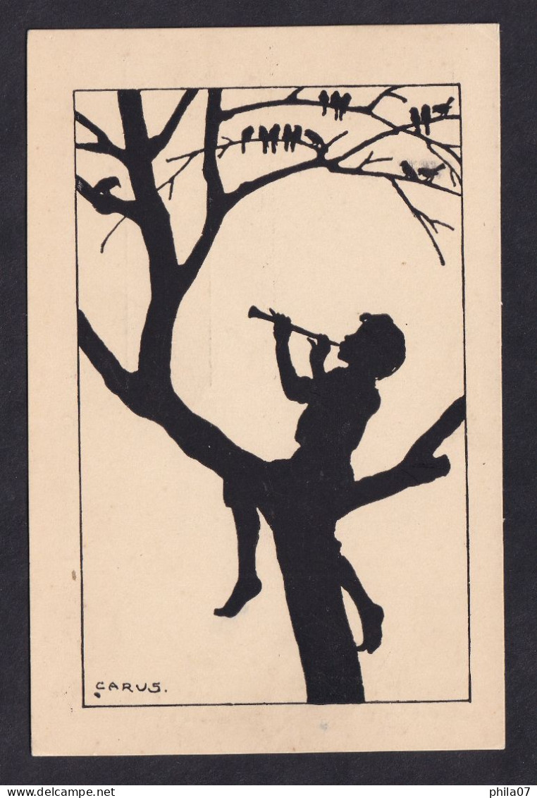 Carus - Boy Playing Flute On A Tree / Postcard Not Circulated, 2 Scans - Scherenschnitt - Silhouette