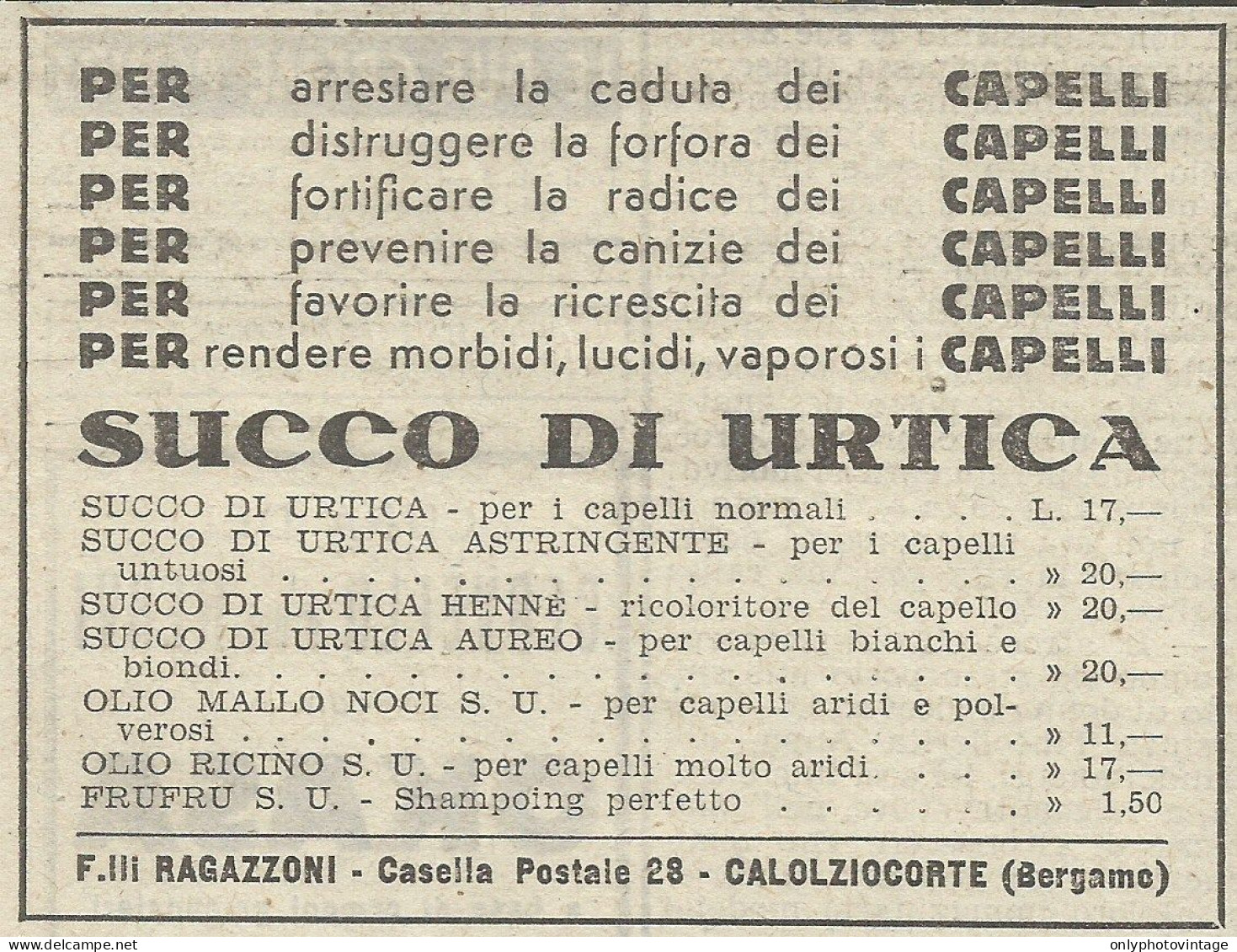 Succo Di Urtica Arresta Caduta Capelli - Pubblicit� 1939 - Advertising - Advertising