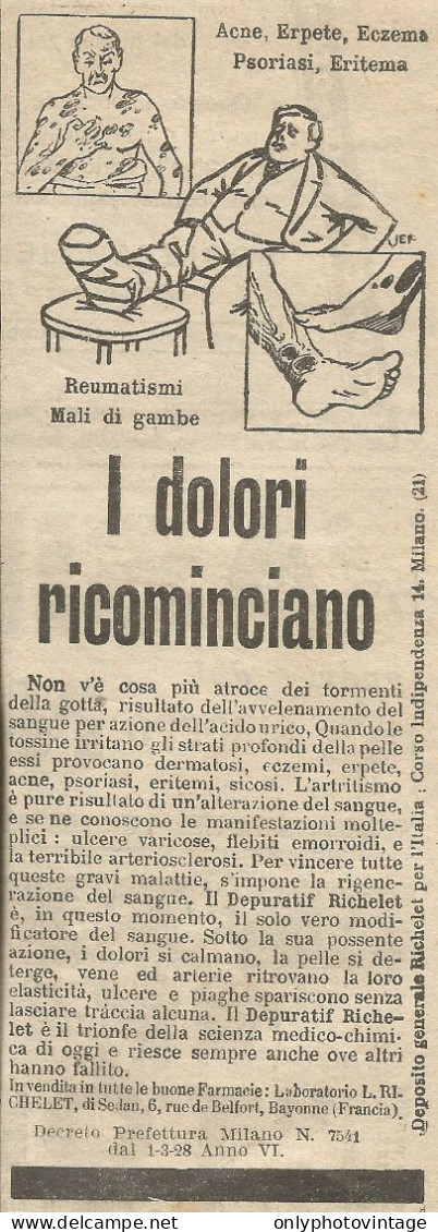 Depuratif Richelet - I Dolori Ricominciano - Pubblicit� 1928 - Advertising - Advertising