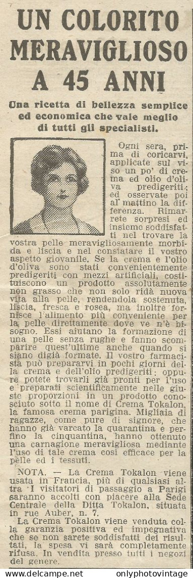 Crema TOKALON Per Il Viso - Pubblicit� 1926 - Advertising - Advertising
