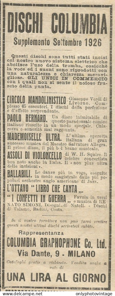 Dischi COLUMBIA - Pubblicit� 1926 - Advertising - Advertising