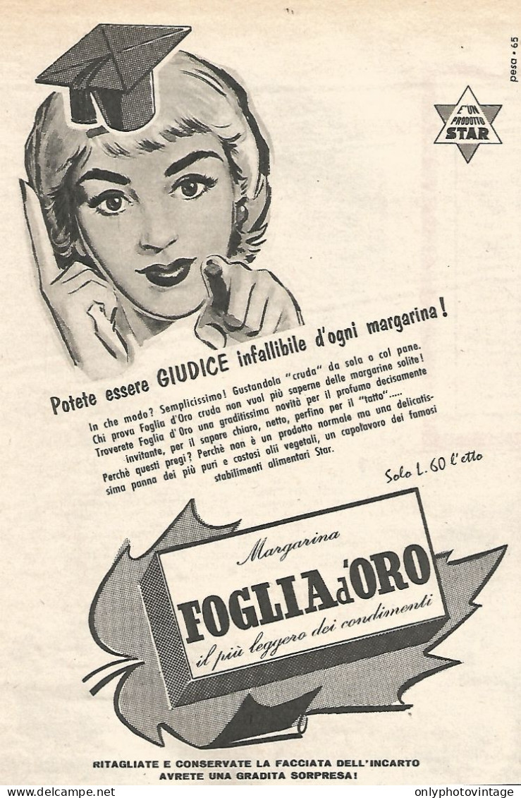 Margarina FOGLIA D'ORO - Pubblicit� Del 1958 - Vintage Advertising - Publicidad